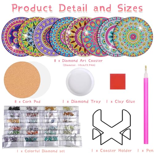 Billbotk Diamond Painting Coasters Kit, 8 Pieces Mandala with Holder, DIY Art for Beginners, Kids - Image 3