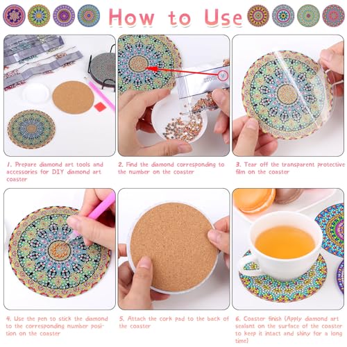 Billbotk Diamond Painting Coasters Kit, 8 Pieces Mandala with Holder, DIY Art for Beginners, Kids - Image 5