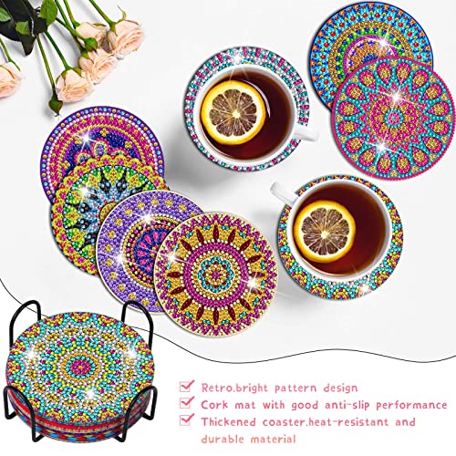 Billbotk Diamond Painting Coasters Kit, 8 Pieces Mandala with Holder, DIY Art for Beginners, Kids - Image 4