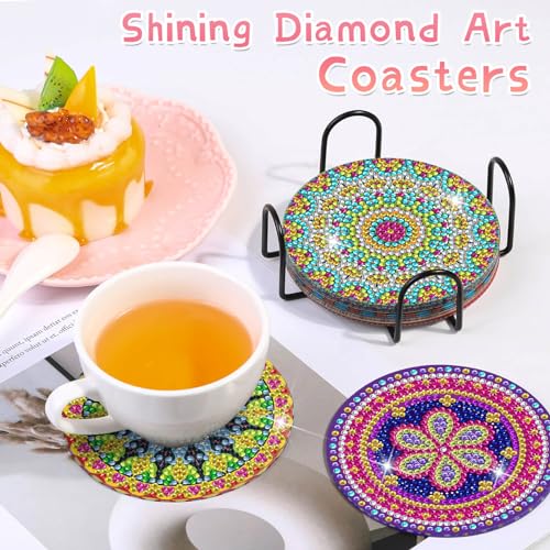 Billbotk Diamond Painting Coasters Kit, 8 Pieces Mandala with Holder, DIY Art for Beginners, Kids - Image 2