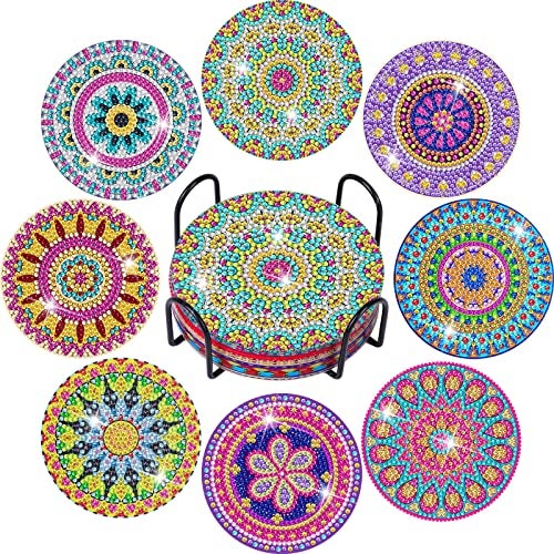 Billbotk Diamond Painting Coasters Kit, 8 Pieces Mandala with Holder, DIY Art for Beginners, Kids - Image 1