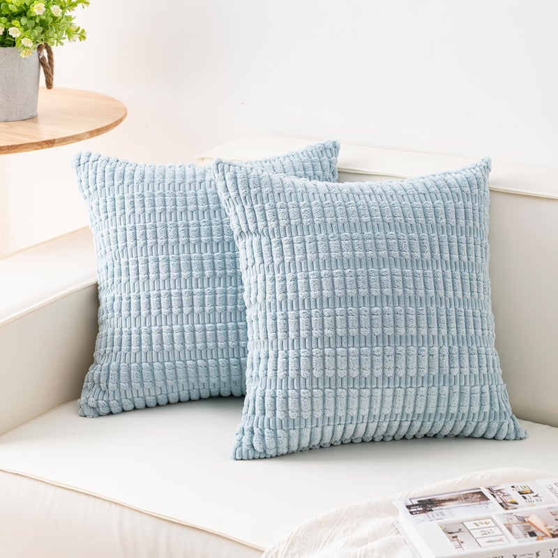 Aegero Pack of 2 Corduroy Decorative Throw Pillow Covers 18x18 InchSoft Striped Pillow Covers Modern Farmhouse Home Decor for Sofa Living Room Couch Bedï¼ˆSky Blueï¼‰ - Image 1