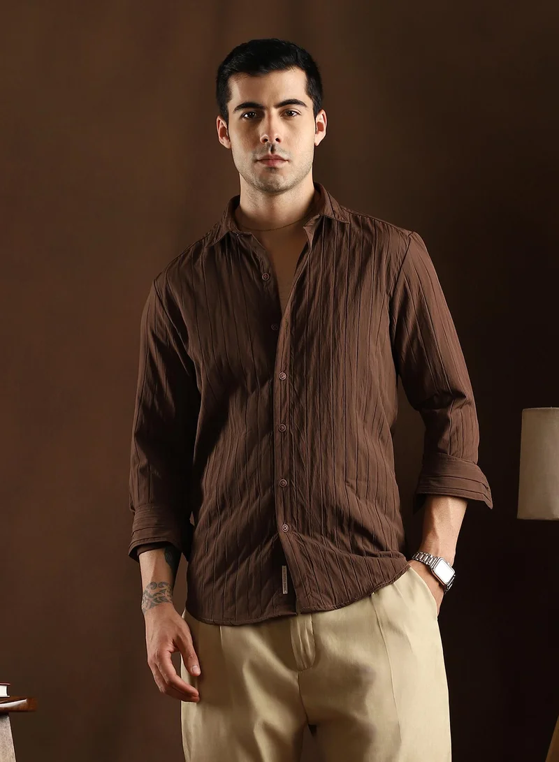 كامبوس سوترا قميص كامبس سوترا رجالي بني شوكولاتة بنقشة مبطنة للملابس الكاجوال