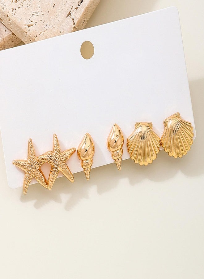 MIFYNN 3 Pairs Summer Beach Earrings for Women 14K Gold Shell Starfish Conch Ocean Earrings Bohemian Seashell Stud Earring Set Beachy Jewelry (Shell) - Image 2