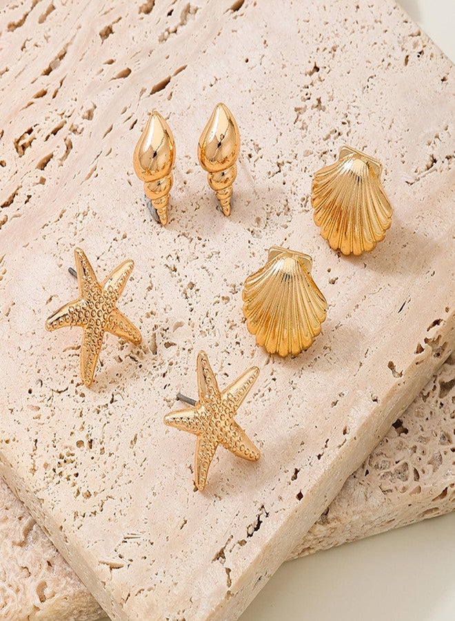 MIFYNN 3 Pairs Summer Beach Earrings for Women 14K Gold Shell Starfish Conch Ocean Earrings Bohemian Seashell Stud Earring Set Beachy Jewelry (Shell) - Image 5