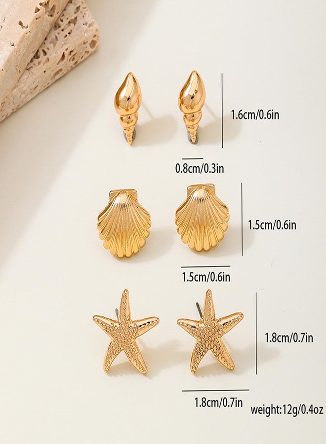 MIFYNN 3 Pairs Summer Beach Earrings for Women 14K Gold Shell Starfish Conch Ocean Earrings Bohemian Seashell Stud Earring Set Beachy Jewelry (Shell) - Image 4
