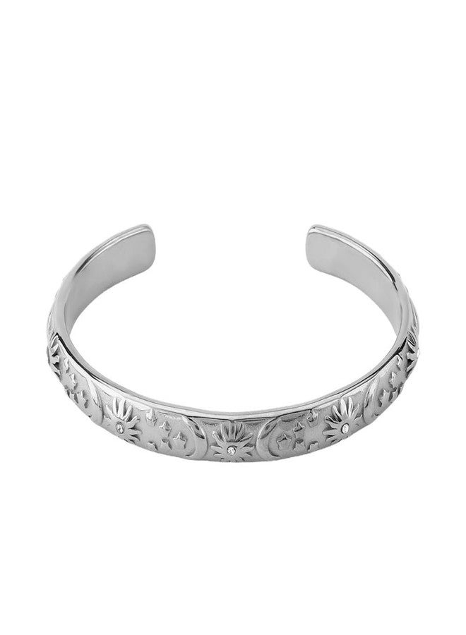 Dtja Embossed Moon Star Sun Bangle Cuff Bracelet for Women Fashion CZ Insected Celestial Open Adjustable Statement Bracelets Lightweight Boho Wrist Wrap Dress Accessories Jewelry Gift (Silver) - Image 1