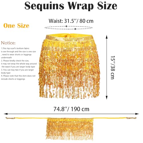 Fenyong Women's Sequin Tassel Skirts Sparkly Rave Fringe Hip Scarf for Festival Costume(Gold) - Image 2