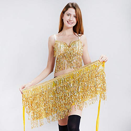 Fenyong Women's Sequin Tassel Skirts Sparkly Rave Fringe Hip Scarf for Festival Costume(Gold) - Image 3