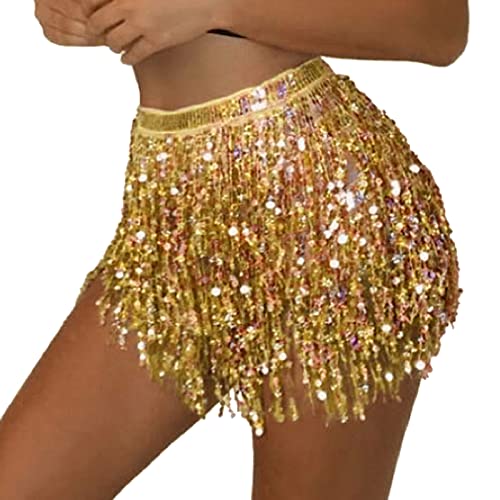 Fenyong Women's Sequin Tassel Skirts Sparkly Rave Fringe Hip Scarf for Festival Costume(Gold) - Image 1
