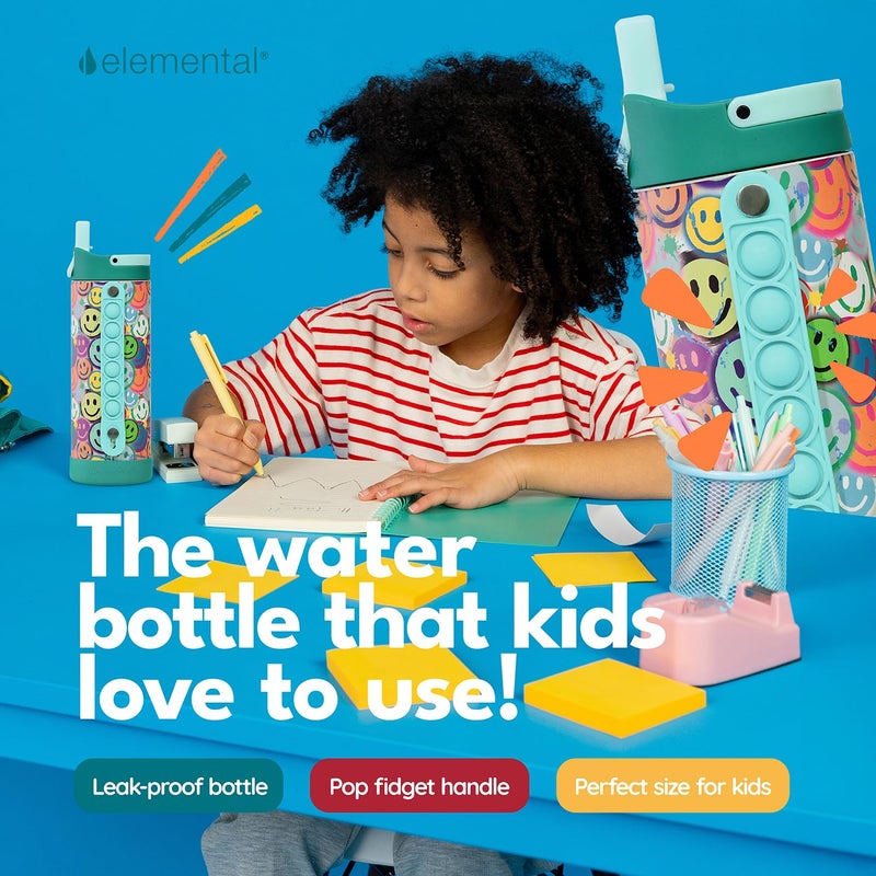 Elemental Iconic Kids Water Bottle for School - 100% Leak-Proof Insulated Water Bottles with Straw Lid & Pop-It Handle for Boys & Girls - Triple-Wall Insulated & BPA-Free, 14oz â€“ Graffiti Smile - Image 3