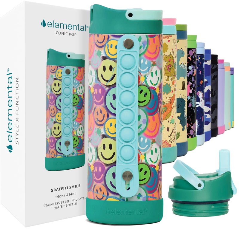 Elemental Iconic Kids Water Bottle for School - 100% Leak-Proof Insulated Water Bottles with Straw Lid & Pop-It Handle for Boys & Girls - Triple-Wall Insulated & BPA-Free, 14oz â€“ Graffiti Smile - Image 1