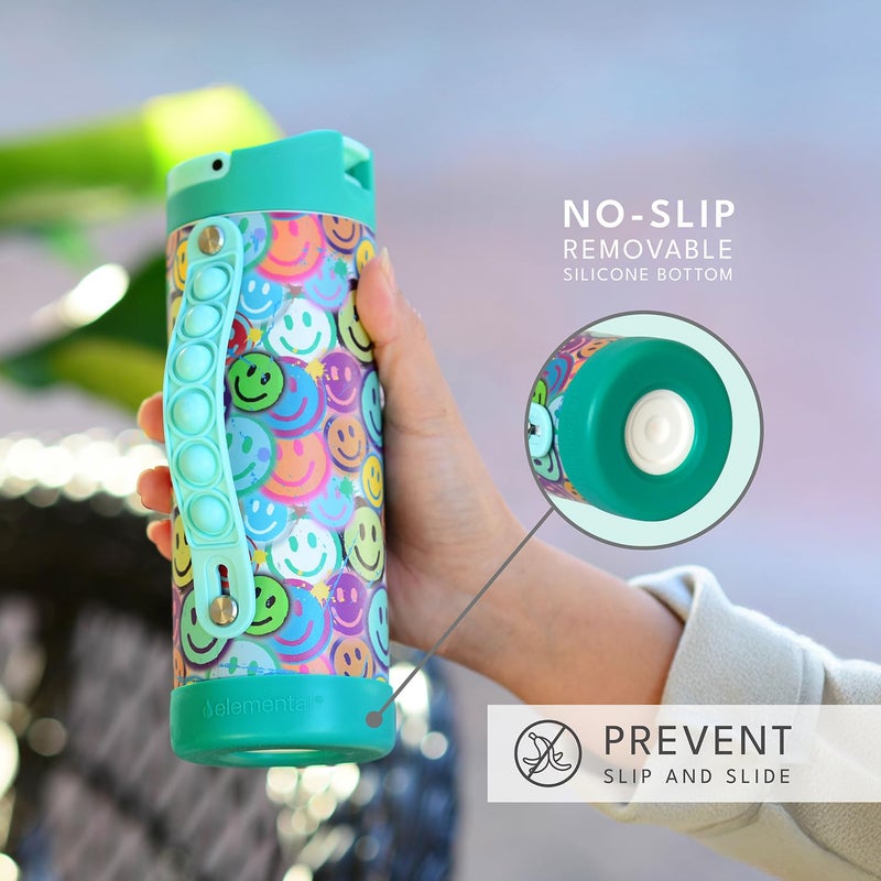 Elemental Iconic Kids Water Bottle for School - 100% Leak-Proof Insulated Water Bottles with Straw Lid & Pop-It Handle for Boys & Girls - Triple-Wall Insulated & BPA-Free, 14oz â€“ Graffiti Smile - Image 5