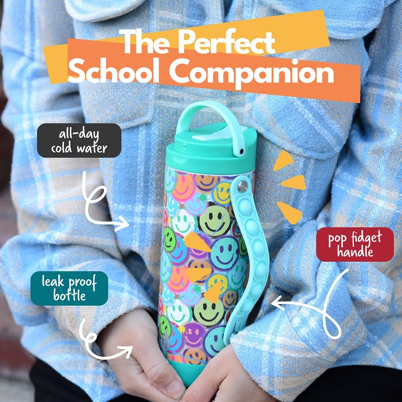 Elemental Iconic Kids Water Bottle for School - 100% Leak-Proof Insulated Water Bottles with Straw Lid & Pop-It Handle for Boys & Girls - Triple-Wall Insulated & BPA-Free, 14oz â€“ Graffiti Smile - Image 2