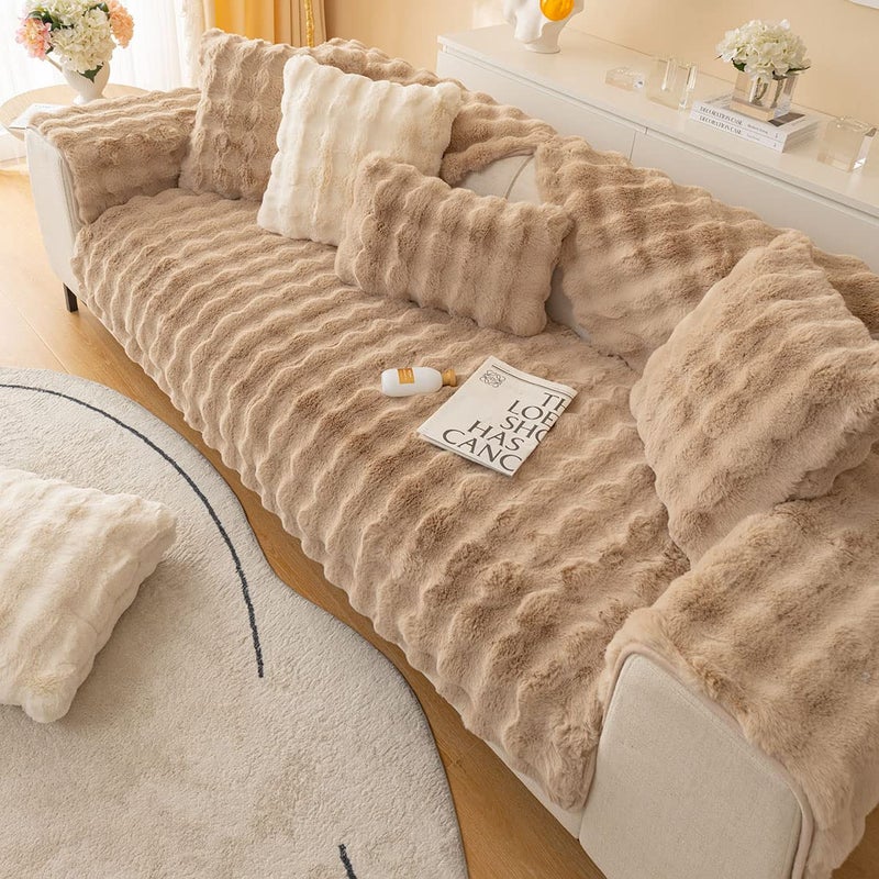 XSlive Soft Warm Faux Fur Couch Sofa Cover Thick Shaggy Fuzzy Sectional Couch Cover Non-Slip Solid Color Plush Sofa Slipcover Furniture Protector for Kids  Pets (Coffee 28""x47"") - Image 4
