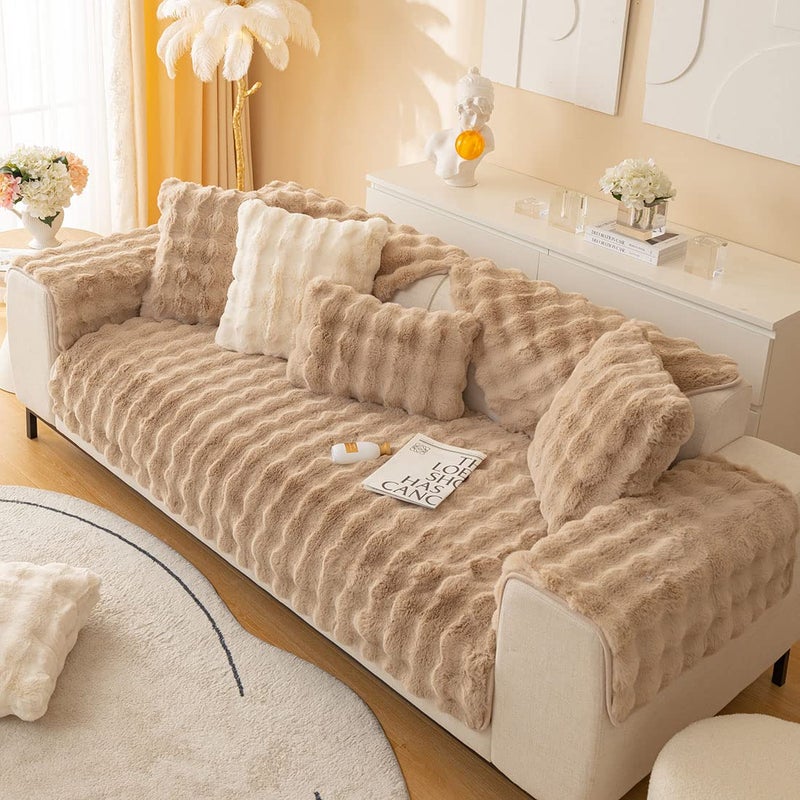 XSlive Soft Warm Faux Fur Couch Sofa Cover Thick Shaggy Fuzzy Sectional Couch Cover Non-Slip Solid Color Plush Sofa Slipcover Furniture Protector for Kids  Pets (Coffee 28""x47"") - Image 1