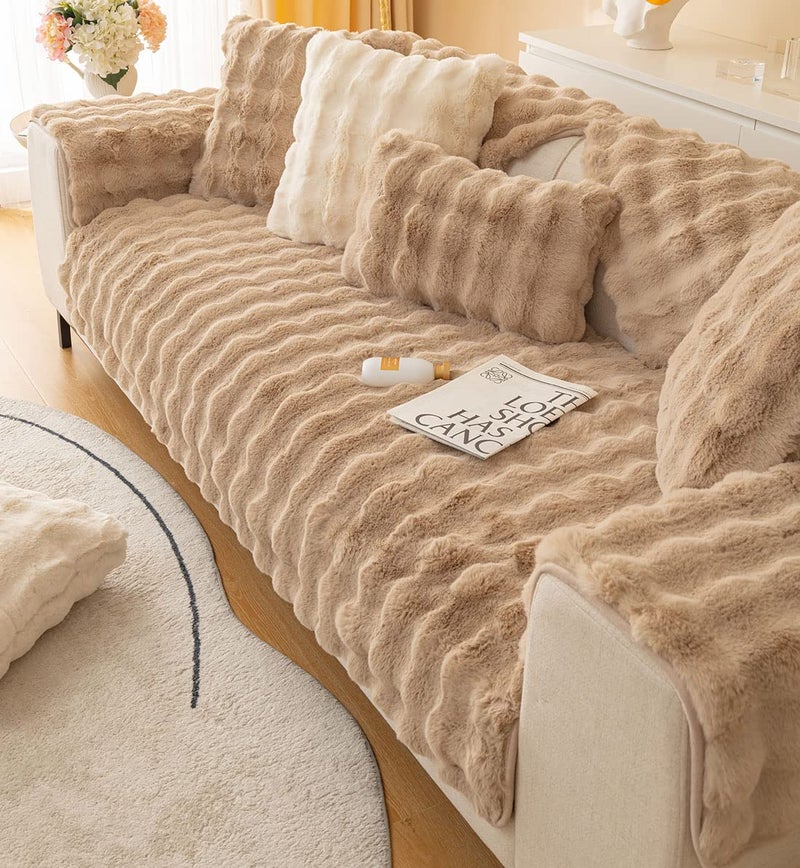 XSlive Soft Warm Faux Fur Couch Sofa Cover Thick Shaggy Fuzzy Sectional Couch Cover Non-Slip Solid Color Plush Sofa Slipcover Furniture Protector for Kids  Pets (Coffee 28""x47"") - Image 5