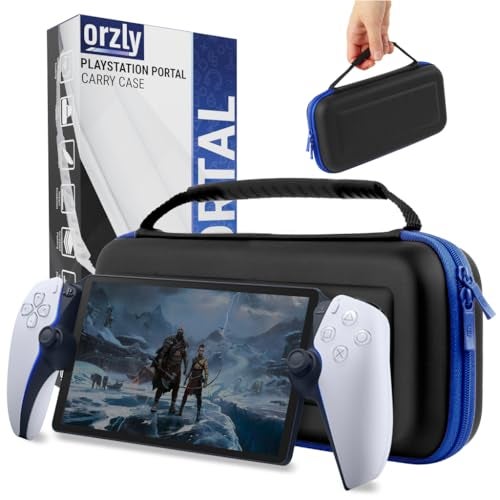 Orzly Carry Case designed for Playstation Portal remote player for PS5 Console holds accessories, Travel and Storage Protection for headset charger and more BLACK/BLUE - Gift box edition - Image 1