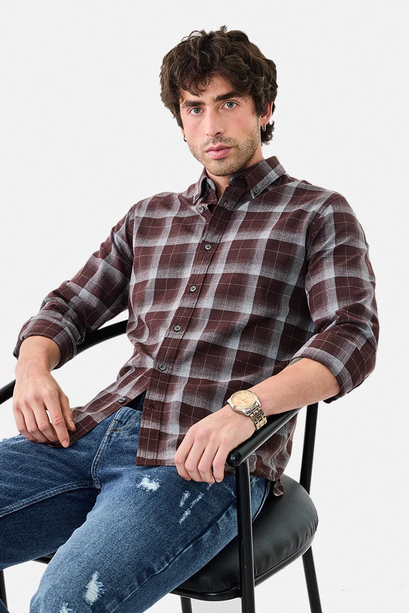 سنيتش Burgundy Checkered Long Sleeve Slim Fit Shirt