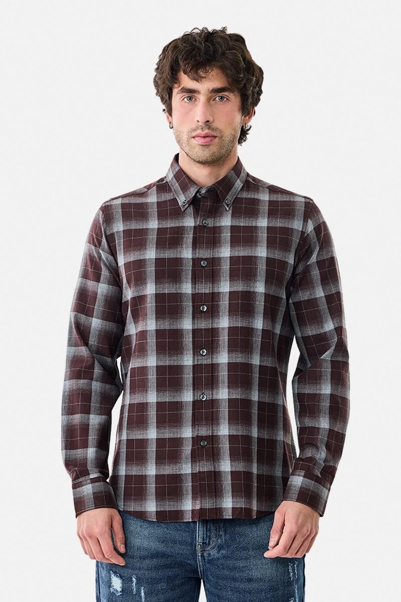 سنيتش Burgundy Checkered Long Sleeve Slim Fit Shirt
