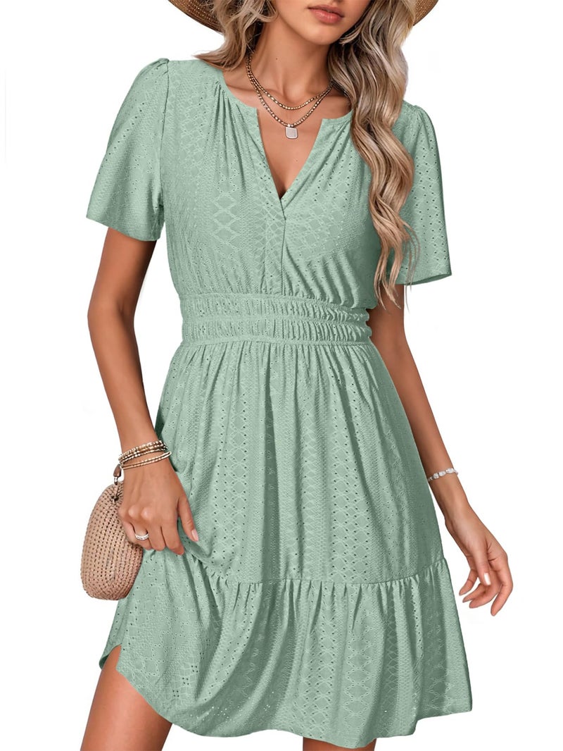 Simplee Apparel Simplee Womens 2026 Summer Mini Dress Eyelet Short Sleeve Cocktail Short Dresses Cute A Line Sun Dress with Pockets(Sage Green L) - Image 1