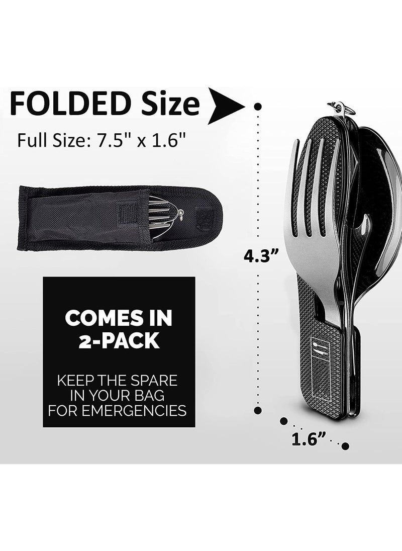 SYOSI 4-in-1 Camping Utensils 2 Pack Portable Stainless Steel Spoon Fork Knife & Bottle Opener Combo Set For Travel Backpacking Cutlery Multitool Folding Knife and Fork Spoon Combination Green  - Image 2