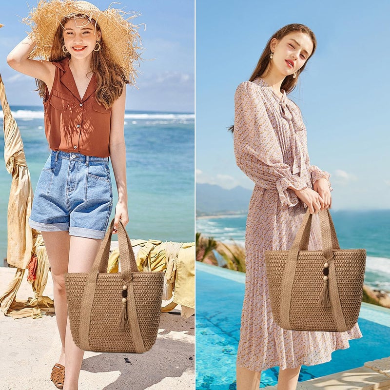 YAVCOOL Straw Beach Bags for Women Woven Beach Tote Bag Casual Boho Large Shoulder Handbags Purse for Vacation Holiday - Image 2
