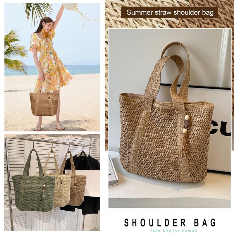YAVCOOL Straw Beach Bags for Women Woven Beach Tote Bag Casual Boho Large Shoulder Handbags Purse for Vacation Holiday - Image 5