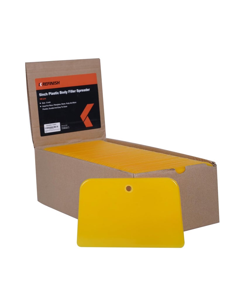 KREFINISH Body Filler Spreaders (Pack of 100) - 5" Yellow Reusable Plastic Spreader for Automotive Fillers, Putties, Glazes, Caulks and Paint - Image 1