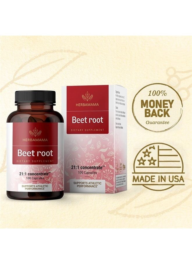 HERBAMAMA - Beet Root Capsules - Organic Beetroot Extract Pills - High-Potency 21:1 Concentrate - Beet Root Powder Supplements - 100 Extra Strength Caps - Image 1