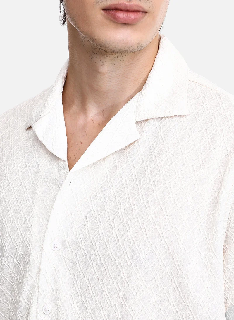 CAHOOT  Men's Powder White Rhombus-Texture Oversized Shirt For Casual Wear | Cuban Collar | Short Sleeve | Button Closure | Oversized Shirt Crafted With Comfort Fit For Everyday Wear for Men | Best Price UAE