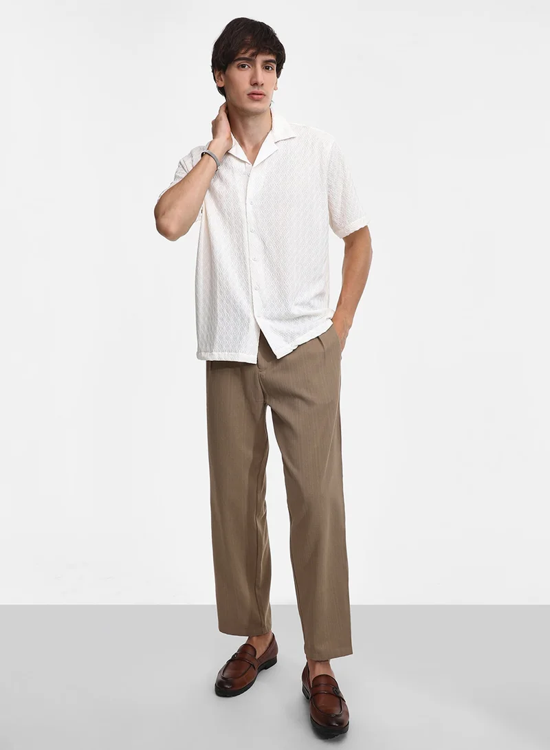 CAHOOT  Men's Powder White Rhombus-Texture Oversized Shirt For Casual Wear | Cuban Collar | Short Sleeve | Button Closure | Oversized Shirt Crafted With Comfort Fit For Everyday Wear for Men | Best Price UAE