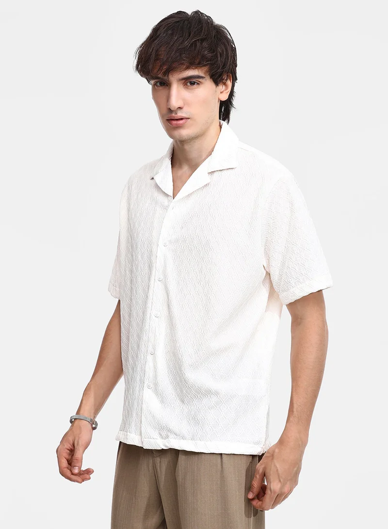 CAHOOT  Men's Powder White Rhombus-Texture Oversized Shirt For Casual Wear | Cuban Collar | Short Sleeve | Button Closure | Oversized Shirt Crafted With Comfort Fit For Everyday Wear for Men | Best Price UAE