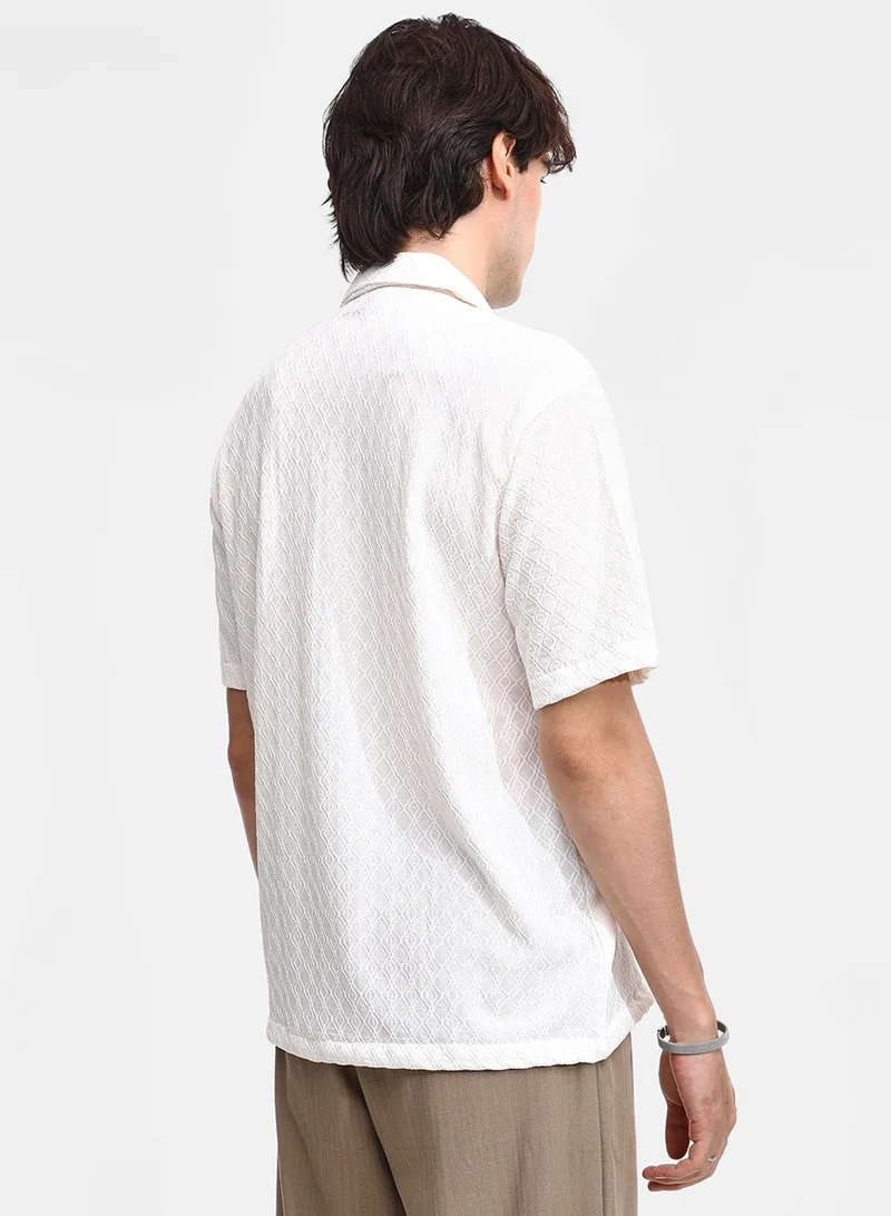 CAHOOT  Men's Powder White Rhombus-Texture Oversized Shirt For Casual Wear | Cuban Collar | Short Sleeve | Button Closure | Oversized Shirt Crafted With Comfort Fit For Everyday Wear for Men | Best Price UAE