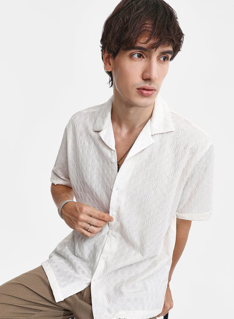 CAHOOT Men's Powder White Rhombus-Texture Oversized Shirt For Casual Wear | Cuban Collar | Short Sleeve | Button Closure | Oversized Shirt Crafted With Comfort Fit For Everyday Wear