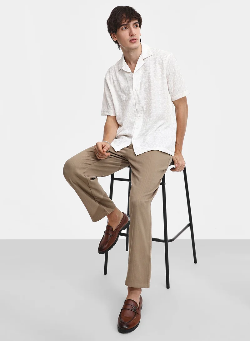 CAHOOT  Men's Powder White Rhombus-Texture Oversized Shirt For Casual Wear | Cuban Collar | Short Sleeve | Button Closure | Oversized Shirt Crafted With Comfort Fit For Everyday Wear for Men | Best Price UAE