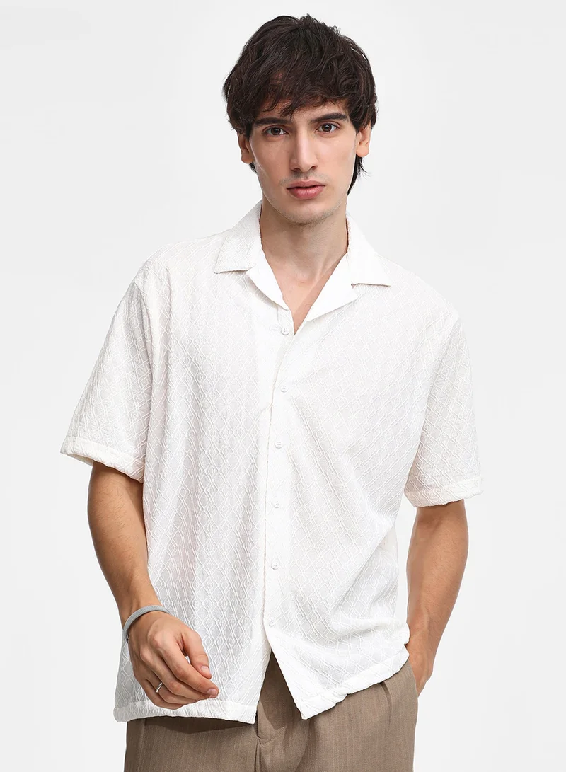 Men's Powder White Rhombus-Texture Oversized Shirt For Casual Wear | Cuban Collar | Short Sleeve | Button Closure | Oversized Shirt Crafted With Comfort Fit For Everyday Wear