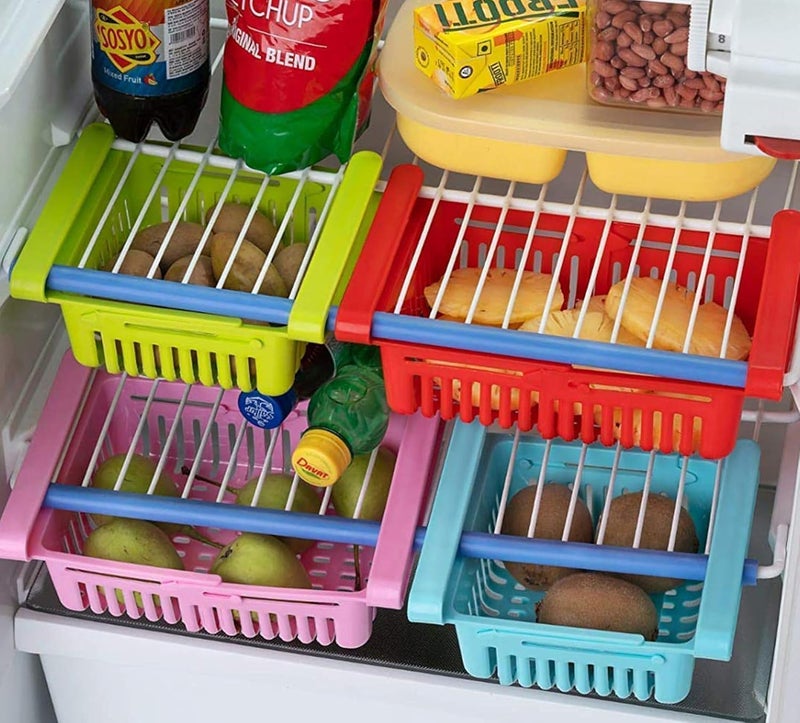 Kuber Industries Kuber Industries Fridge Basket | Plastic Storage Basket | Sliding Storage Racks | Expandable Fridge Tray | Adjustable Basket | Set of 4 | Assorted, 25 X 16 Cm  - Image 1
