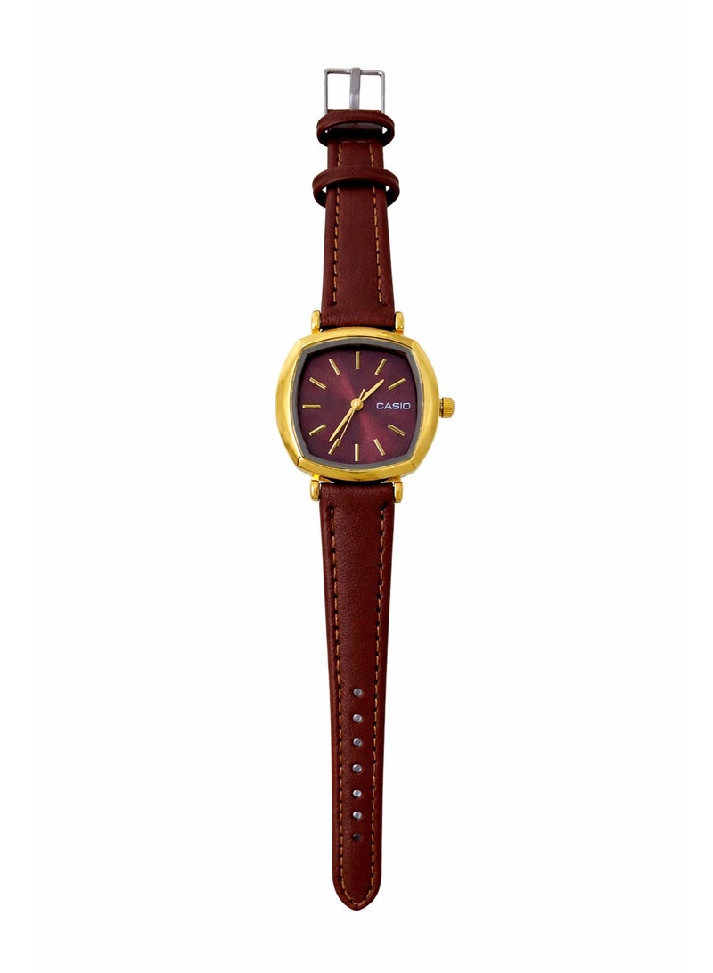 Casio Women’s Analog Watch with Brown Leather Strap & Gold-Tone Case – Burgundy Dial