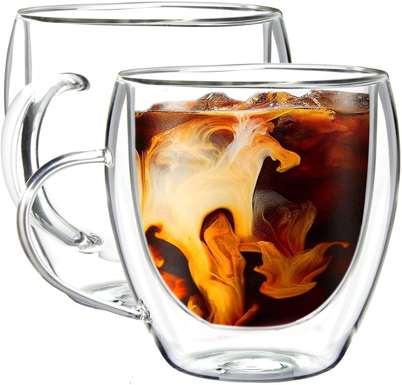 KHOLAD Double Wall Insulated Glass Coffee Mugs with Handle Set of 2, Everyday Drinking Tea Cups Perfect for Latte, Espresso, Cappuccinos, Tea Bag, Hot & Cold Beverage 250ml (2, Double Wall) - Image 1