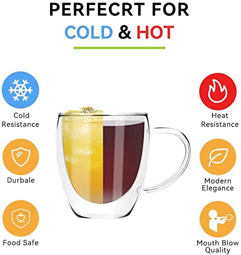 KHOLAD Double Wall Insulated Glass Coffee Mugs with Handle Set of 2, Everyday Drinking Tea Cups Perfect for Latte, Espresso, Cappuccinos, Tea Bag, Hot & Cold Beverage 250ml (2, Double Wall) - Image 5