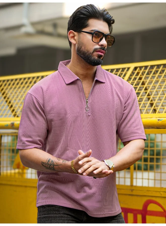 مانياك تيشيرت قطن وردي بأكمام ثلاثة أرباع ورقبة بولو بسحاب نصفي رجالي من مانياك