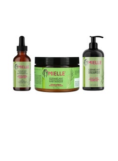Rosemary and peppermint oil to strengthen the scalp and hair, a strengthening hair mask and a strengthening shampoo set