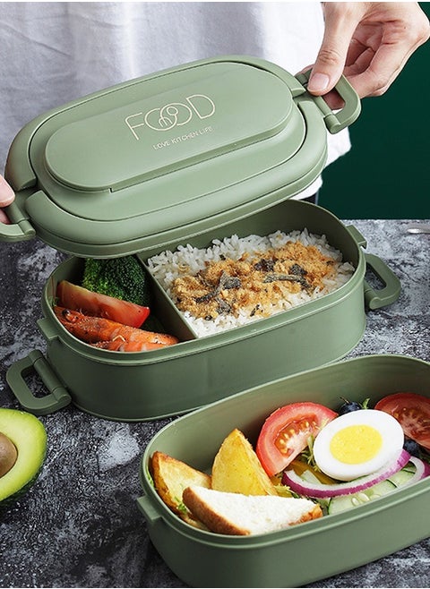 Double-Layer PP Plastic Lunch Box with 3-Grids Bento Box For Kids and Adults Green