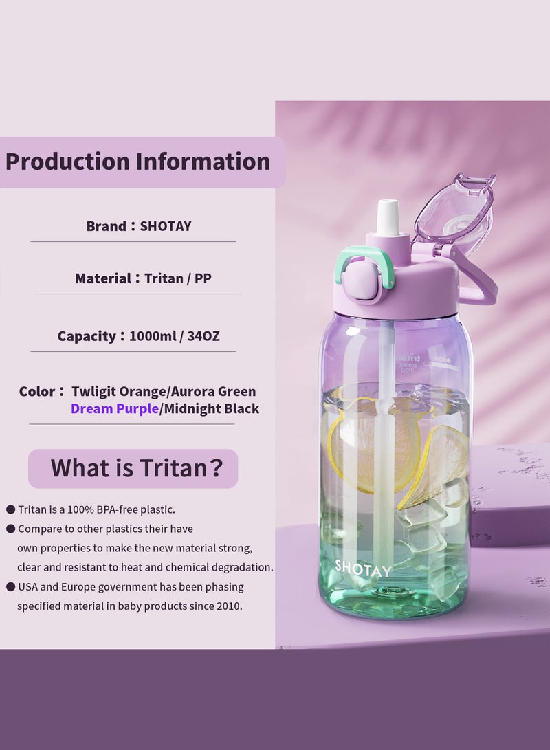 شوتاي زجاجات مياه رياضية سعة 1 لتر مصنوعة من مادة التريتان الامريكية خالية من BPA بنسبة 100% ومضادة للتسرب، زجاجة مياه نصف جالون للمدرسة واللياقة البدنية والرياضات الخارجية من شوتاي، بلاستيك - Image 2