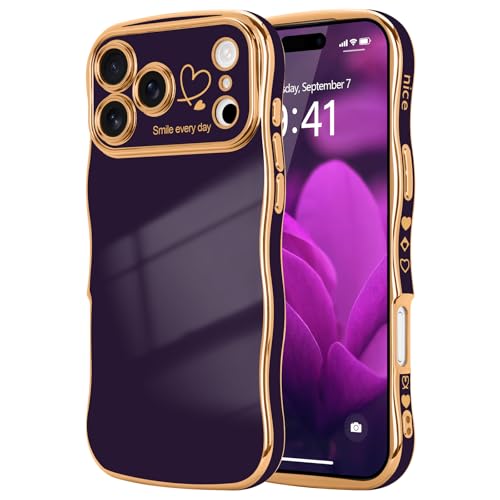 LCHULLE for iPhone 17 Pro Max Case for Women Girls Cute Wave Frame Curly Shape with Love Heart Raised Camera Protection Cover Luxury Plating Shockproof Phone Case for iPhone 17 Pro Max Dark Purple - Image 1