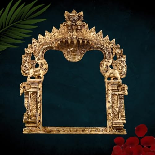 Bhunes Brass Traditional Prabhavali Arch Frame – Wall Hanging Prabhawali for Home Temple Decor | Prabhaval for Deity Idol | Kirtimukha Brass Backdrop, Gold, 10.5 Inch, 1 Piece - Image 1
