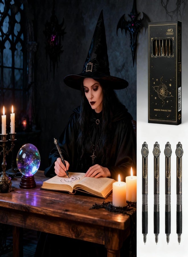 T-shin Rollerball Press Pens,Mystical Zodiac & Tarot Black Ink Click Pens,0.5mm Soft Grip Stress-Relief for Students,School Supplies (4 Enchanting Designs) (Retro-Tarot) - Image 1