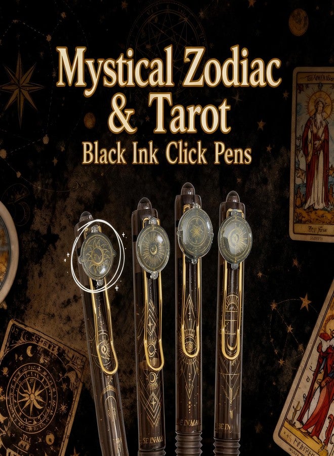 T-shin Rollerball Press Pens,Mystical Zodiac & Tarot Black Ink Click Pens,0.5mm Soft Grip Stress-Relief for Students,School Supplies (4 Enchanting Designs) (Retro-Tarot) - Image 4