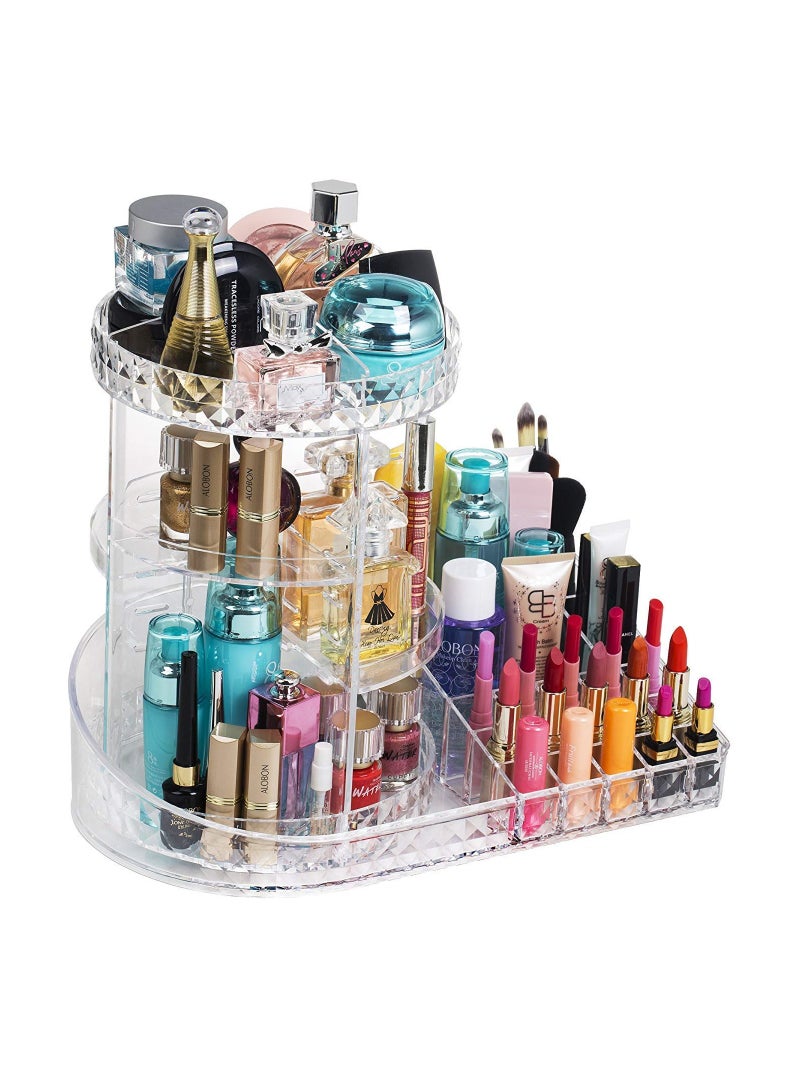 منظم مكياج ومستحضرات التجميل الأكريليك متعدد الوظائف الدوار 360 درجة، تصميم شفاف وأنيق، منظم لعرض وتخزين مستحضرات التجميل وادوات المكياج والمجوهرات - Image 1